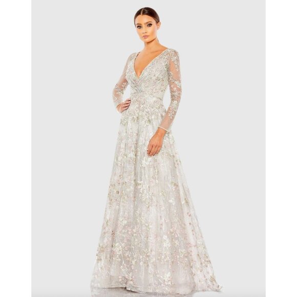 Mac Duggal 20402 Embroidered Lace Wrap Over Illusion Long Sleeve Gown Size 2